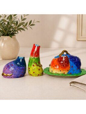 Studio Designworks Joy Cats Folk Art Kitchen Salt Pepper Shakers Butter Dish Set